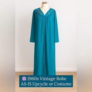 Vintage 60s Turquoise Embroidered Robe | AS-IS for Upcycle or Costume
